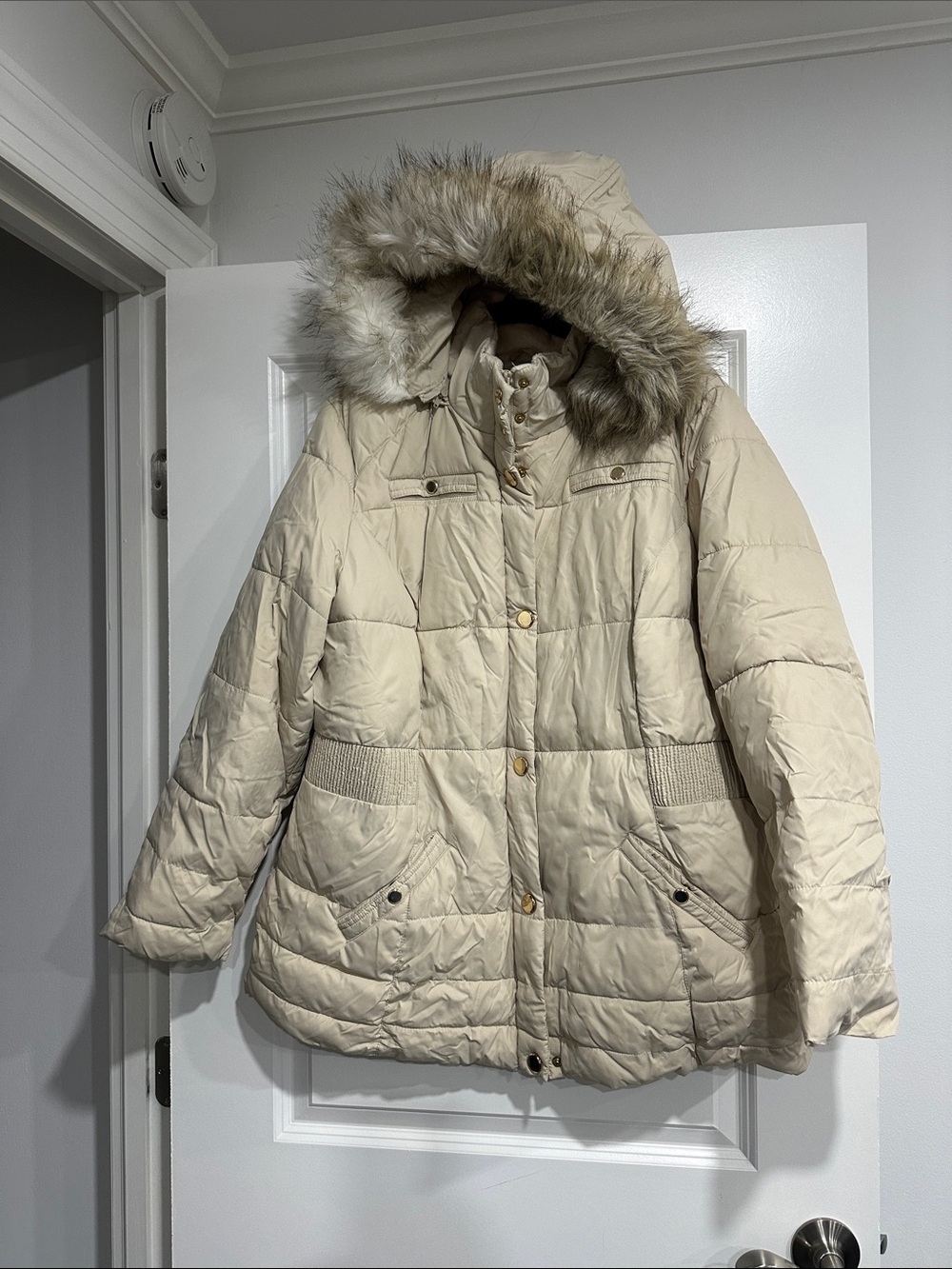 Dress Barn Beige Puffer Coat with Faux Fur Hood